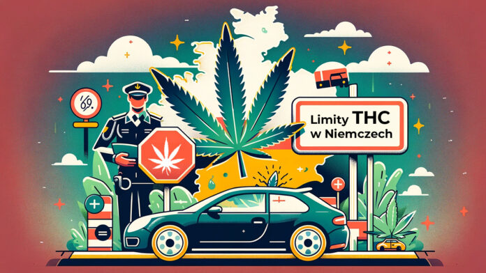Obraz przedstawia ilustrację związana z tematyką prowadzenia pojazdów pod wpływem marihuany w Niemczech. Widoczny jest policyjny posterunek z funkcjonariuszem trzymającym znak z liściem marihuany, obok stoi samochód, a w tle znajduje się znak drogowy z napisem 