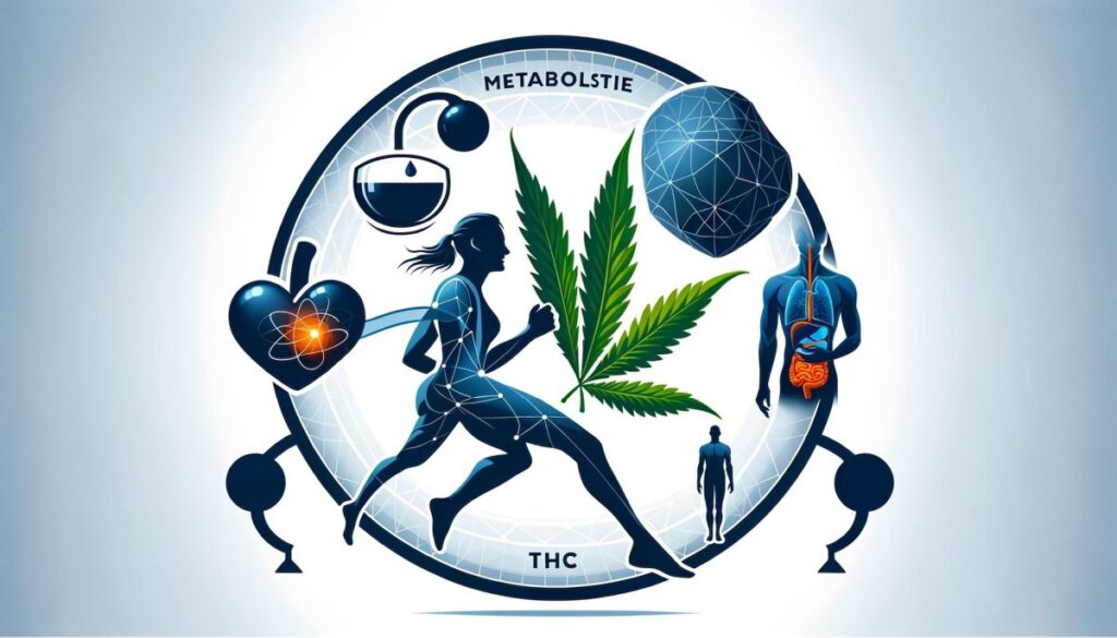Grafika przedstawiająca ikonę metabolizmu, liść konopi, sylwetkę osoby uprawiającej aktywność fizyczną i różne poziomy tkanki tłuszczowej, ilustrująca wpływ ćwiczeń i kompozycji ciała na metabolizm THC