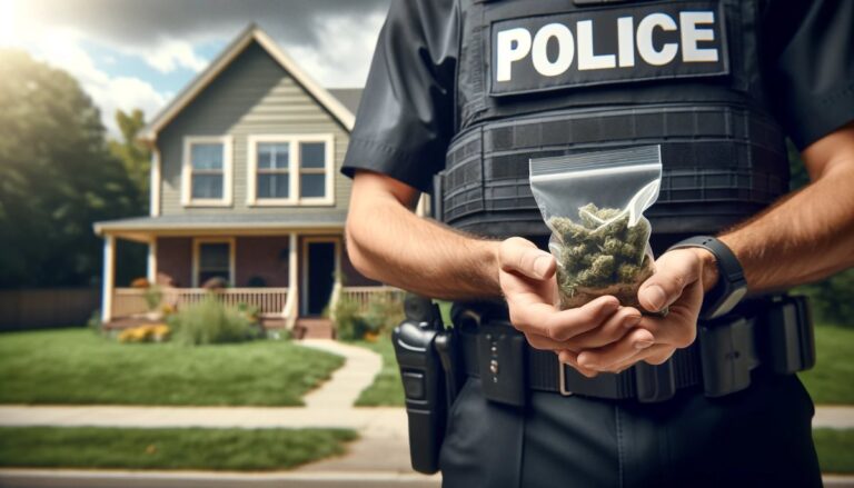 Obraz przedstawia policjanta trzymającego w rękach worek z niewielką ilością marihuany
