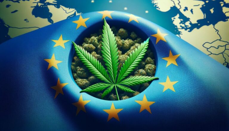 Wizja przyszłości polityki marihuany w Unii Europejskiej: liść konopi i flaga UE symbolizujące postęp i harmonizację.