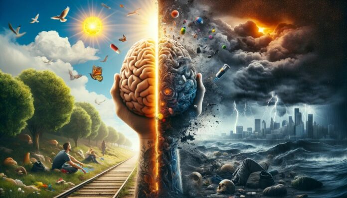 Graficzne przedstawienie różnic między narkotykami twardymi a miękkimi, gdzie jedna połowa obrazu ukazuje zdrowy mózg i życie wśród natury, a druga zniszczony mózg i chaos związany z uzależnieniem.