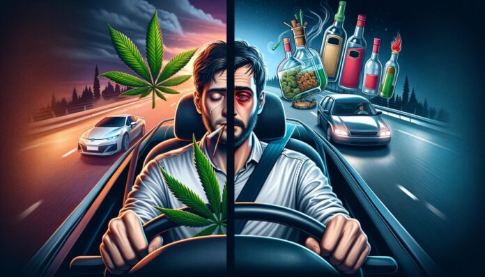 Porównanie wpływu używania marihuany i picia alkoholu na ryzyko wypadku samochodowego, z zaznaczeniem braku wpływu marihuany i negatywnego wpływu alkoholu na bezpieczeństwo jazdy