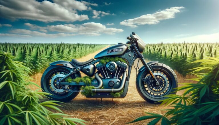Nowoczesny motocykl elektryczny Harley Davidson z elementami z konopi, stojący w środku zielonego pola konopi pod jasnoniebieskim niebem