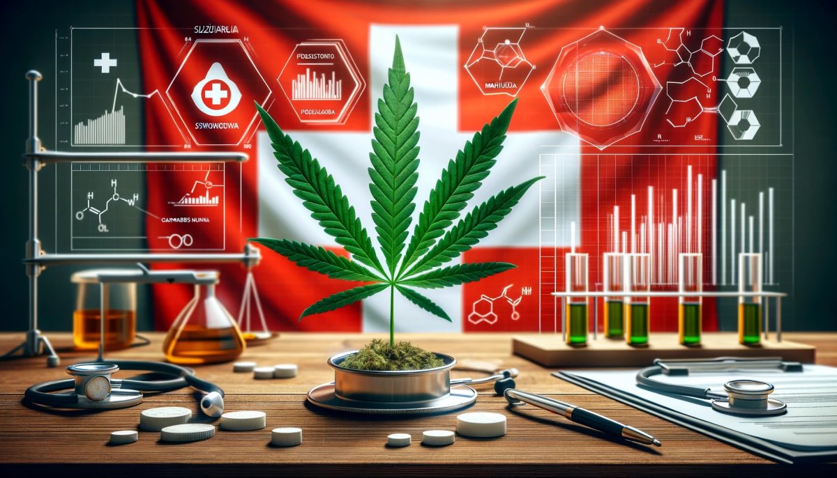Obraz przedstawiający flagę Szwajcarii, liść marihuany oraz symbole badawcze, takie jak wykresy i liczby, na tle symbolizującym profesjonalne i regulowane podejście do sprzedaży i badań nad marihuaną