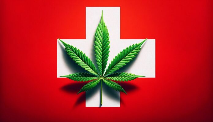 Obraz przedstawiający żywo zielony liść marihuany na tle flagi Szwajcarii z białym krzyżem na czerwonym tle, co podkreśla kontrast między bogatą zielenią liścia a kolorami flagi. Kompozycja jest prosta i bez dodatkowych elementów, symbolizując badania nad marihuaną w Szwajcarii przy użyciu ikonicznych symboli szwajcarskiej flagi i zielonego liścia marihuany.
