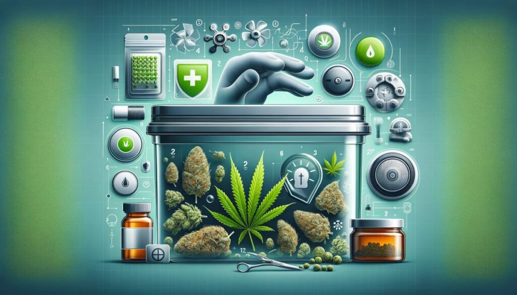 Ilustracja przedstawiająca metody przechowywania marihuany w szczelnych pojemnikach i kontrolowanych warunkach, aby zachować jej świeżość i moc