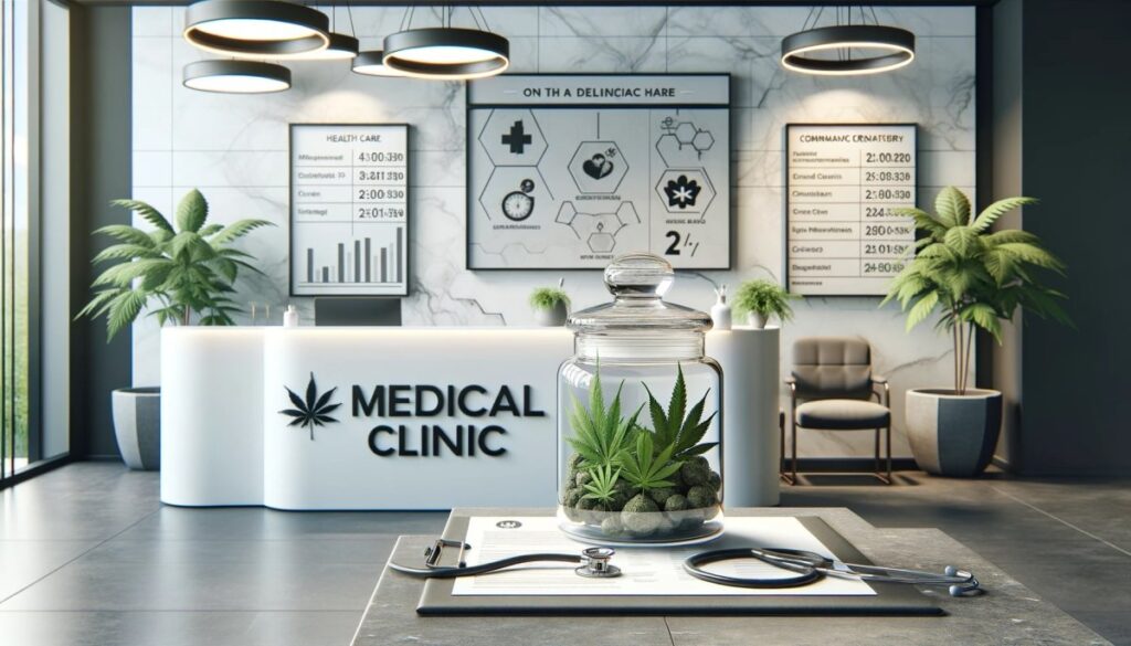 Recepcja nowoczesnej kliniki medycznej z elementami związanymi z przemysłem marihuany medycznej. Na biurku recepcji znajduje się przezroczysty słoik wypełniony zielonymi liśćmi konopi. W tle widoczny jest oprawiony infografik wyjaśniający czynniki kosztowe leczenia marihuaną medyczną. Klinika prezentuje się elegancko i profesjonalnie, łącząc opiekę zdrowotną z ekonomicznymi aspektami medycznej marihuany.