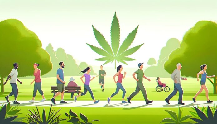 Aktywni ludzie na spacerze na zewnątrz z subtelnym symbolem liścia marihuany, podkreślający pozytywny wpływ konsumpcji marihuany na aktywność fizyczną.