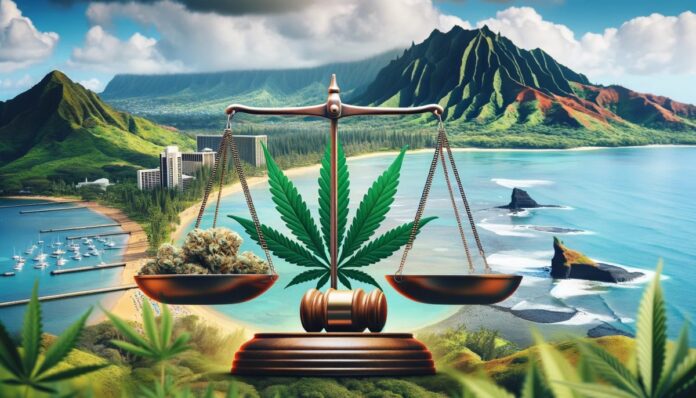 Pejzaż Hawajów z wagą symbolizującą legalizację i regulację marihuany, przedstawiający równowagę między wolnością a regulacją, z elementami kultury hawajskiej i natury.
