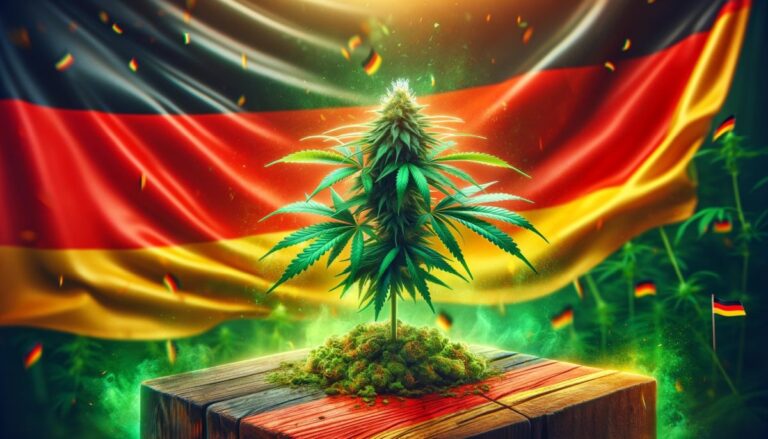 Dynamiczny obraz symbolizujący legalizację marihuany w Niemczech z rośliną cannabis na pierwszym planie i flagą Niemiec w tle, reprezentujący postęp i optymizm.