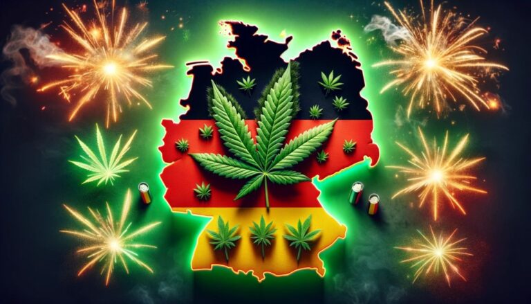 Mapa Niemiec z konturami w kolorach flagi, symbolizująca legalizację marihuany, z liśćmi marihuany i uroczystymi fajerwerkami w tle