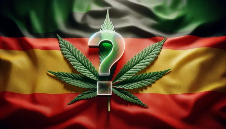Flaga Niemiec z liściem marihuany i znakiem zapytania, symbolizująca debatę o legalizacji marihuany