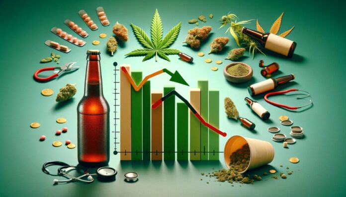 Wykres przedstawiający spadek sprzedaży piwa i wzrost sprzedaży marihuany po legalizacji, z obrazkowymi symbolami piwa i marihuany.