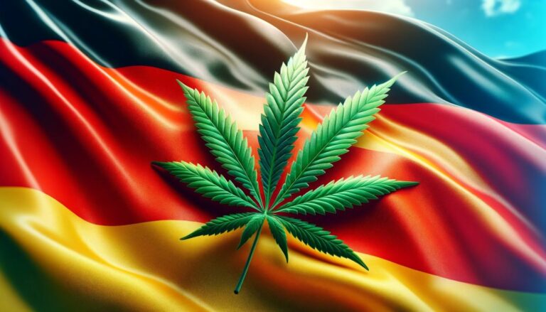 Flaga Niemiec z dynamicznie przedstawionym liściem konopi, symbolizująca legalizację marihuany.