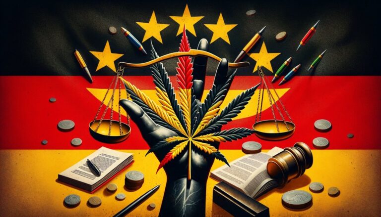 Abstrakcyjne przedstawienie legalizacji marihuany w Niemczech z elementami flagi niemieckiej i symbolami prawa, sugerujące pozytywny wpływ na Europę