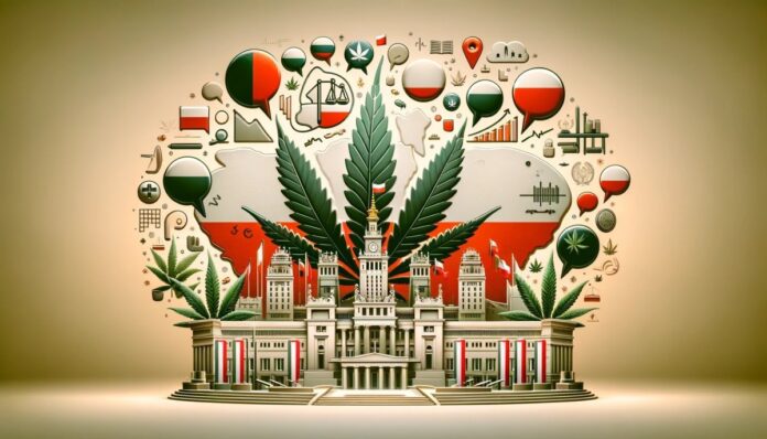 Ilustracja neutralna ukazująca debatę na temat legalizacji marihuany w Polsce, z motywami polskiej flagi i symbolami konopi.