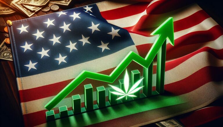 Flaga USA z zielonym wykresem wzrostu i liściem konopi na szczycie, symbolizujący wzrost poparcia dla legalizacji marihuany