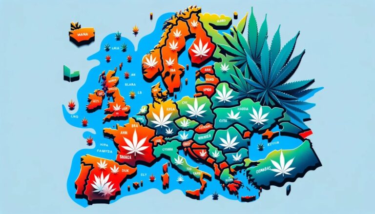 Mapa Europy z zaznaczonymi rozmiarami liści marihuany reprezentującymi poziom konsumpcji w poszczególnych miastach, z ciepłymi kolorami w miejscach o wysokim poziomie spożycia i chłodnymi tonami w rejonach o niższym spożyciu