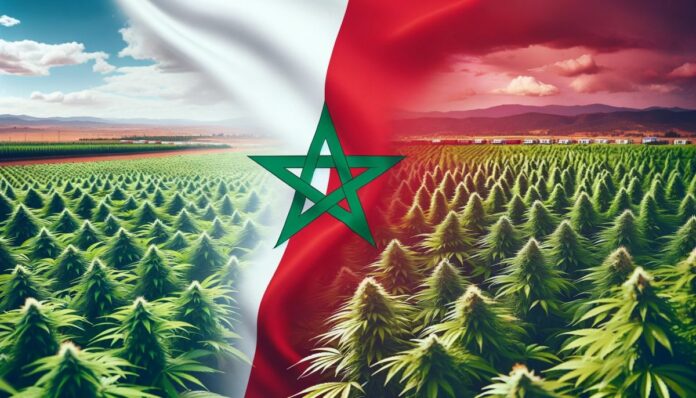 Flaga Maroka i uprawy konopi indyjskich symbolizujące pierwsze legalne zbiory konopi w Maroku