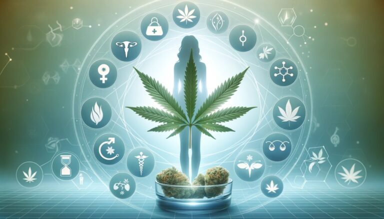 Grafika przedstawiająca sylwetkę kobiety zintegrowaną z liściem marihuany na niebieskim, cyfrowym tle z wizualizacją różnych ikon związanych ze zdrowiem. Pod sylwetką znajduje się szklana miseczka z suszem konopi. Ikony wokół sylwetki obejmują symbole medyczne, takie jak DNA, czaszka, symbol żeński, znak apteczny oraz inne, które są powiązane z tematyką zdrowia i medycyny, sugerując zastosowanie marihuany w leczeniu różnych dolegliwości kobiecych, takich jak menopauza, endometrioza czy bóle miesiączkowe.