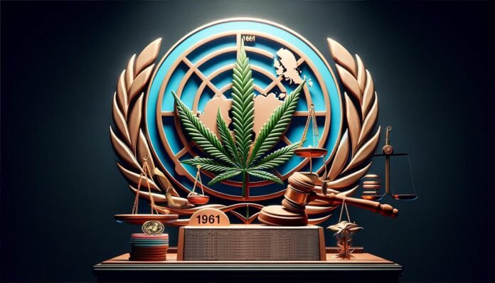 Symbol ONZ i liść marihuany na tle wagi prawnej, podkreślające naruszenie traktatów międzynarodowych z 1961 roku przez legalizację marihuany