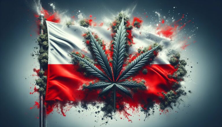 Dynamiczny obraz z flagą Polski i jaskrawo zielonym liściem konopi w centrum, symbolizujący poparcie społeczeństwa dla dekryminalizacji marihuany