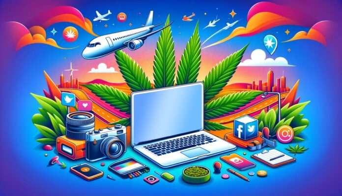 Kolorowy banner promocyjny bez tekstu przedstawiający liście marihuany, laptop z ikonami mediów społecznościowych, aparat fotograficzny i samolot przelatujący nad sylwetką miasta, symbolizujący tworzenie treści, podróże i kulturę cannabis
