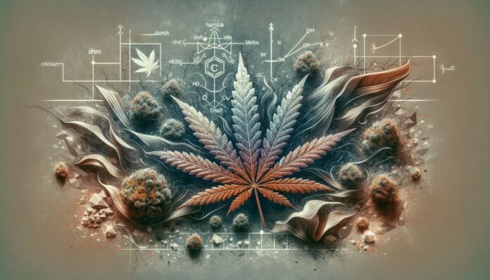 Abstrakcyjne przedstawienie utraty mocy przez przesuszoną marihuanę, z motywami liści i kryształów THC
