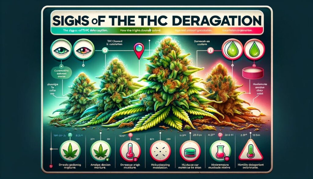 Infografika ilustrująca znaki degradacji THC w konopiach, porównanie świeżych i postarzonych kwiatów, zmiany koloru trichomów.