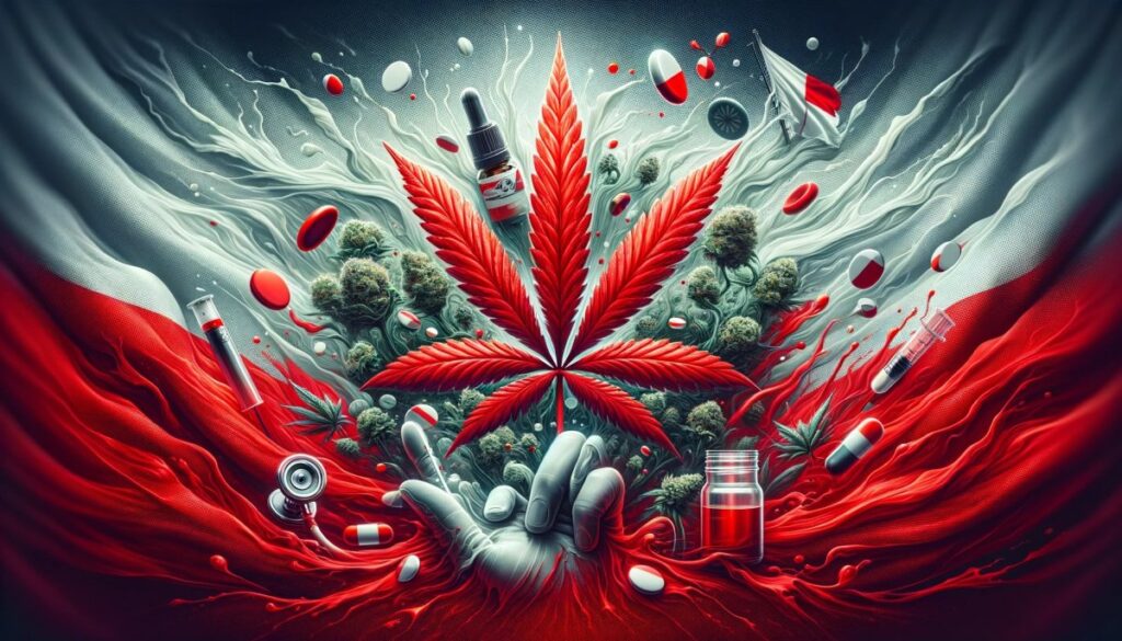 Obraz przedstawia dynamiczną kompozycję z żywymi kolorami, gdzie w centrum znajduje się jaskrawo zielony liść marihuany na tle flagi Polski, co ma symbolizować poparcie społeczne dla dekryminalizacji marihuany.