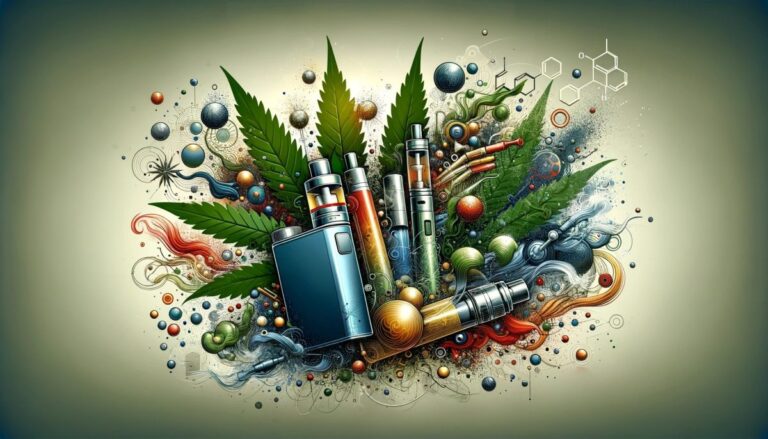 Abstrakcyjna ilustracja przedstawiająca toksyczne metale w płynach do waporyzatorów cannabis, podkreślająca ryzyko związane z waporyzacją