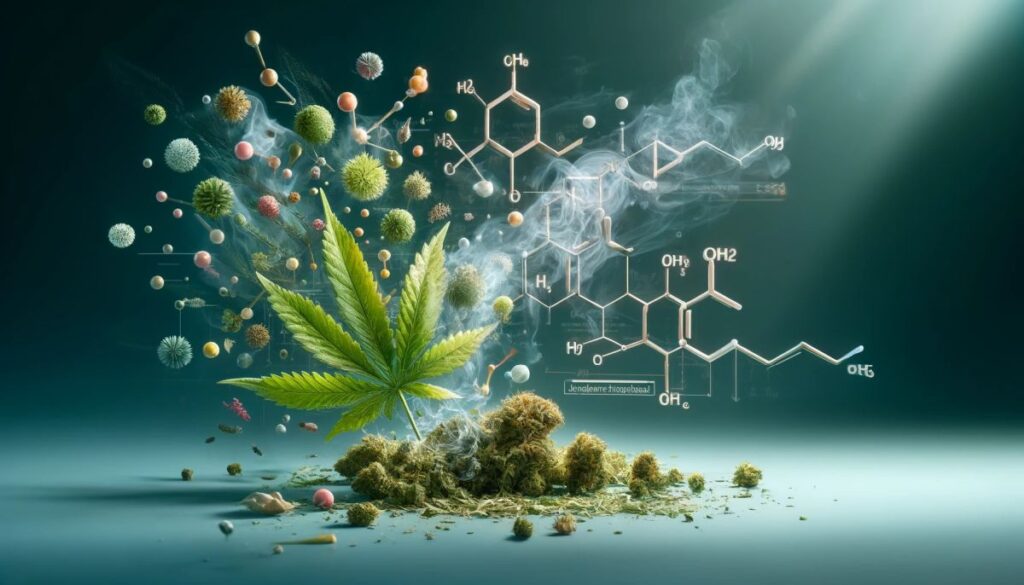 Ilustracja przedstawiająca wpływ procesu wysychania na terpeny w marihuanie, z elementami reprezentującymi molekuły aromatyczne i liście.