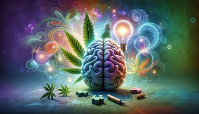 Zdrowie mózgu i używanie konopi: pozytywny związek symbolizowany przez liść konopi i świecący mózg na abstrakcyjnym tle w odcieniach błękitu, zieleni i fioletu.