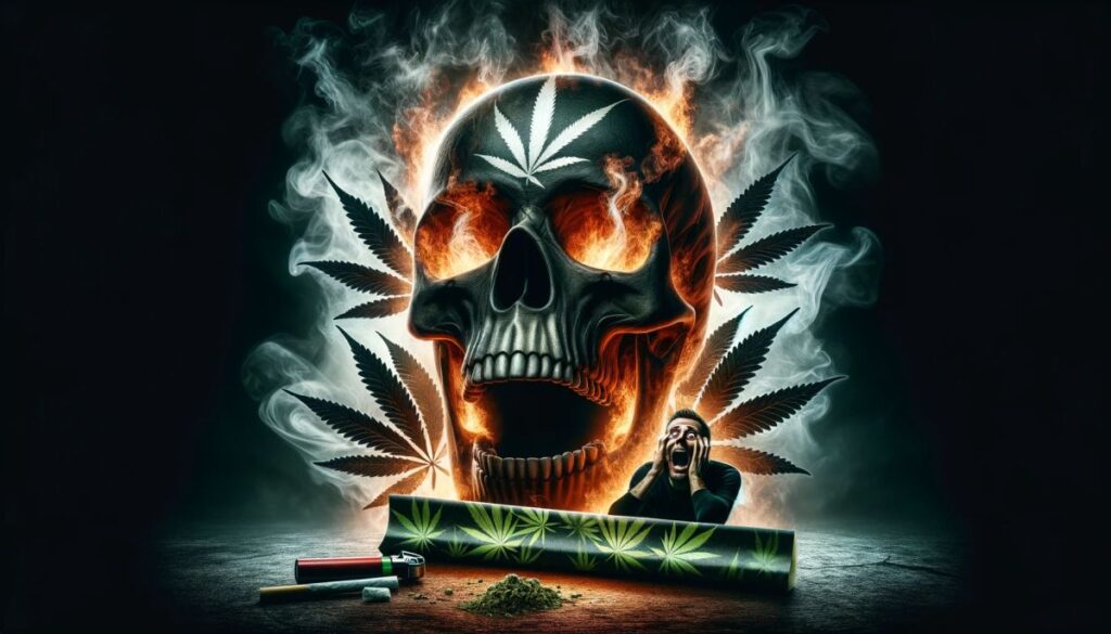 Czaszka z dymu unosząca się nad palącą się bibułką z wizerunkiem liści marihuany, symbolizująca zagrożenia związane z używaniem bibułek do palenia marihuany.