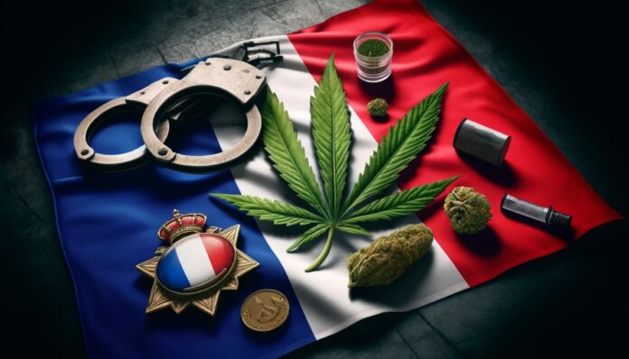 Flaga Francji i symbole marihuany reprezentujące aresztowanie burmistrzyni w skandalu narkotykowym we Francji