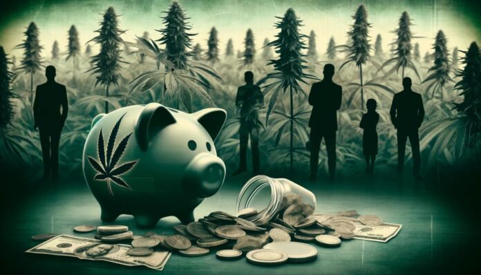 Ilustracja oszustwa inwestycyjnego z rozbitym skarbonką, rozsypanymi monetami i sylwetkami ludzi w tle na zatartym obrazie roślin konopi, symbolizująca oszustwo JuicyFields w branży konopnej