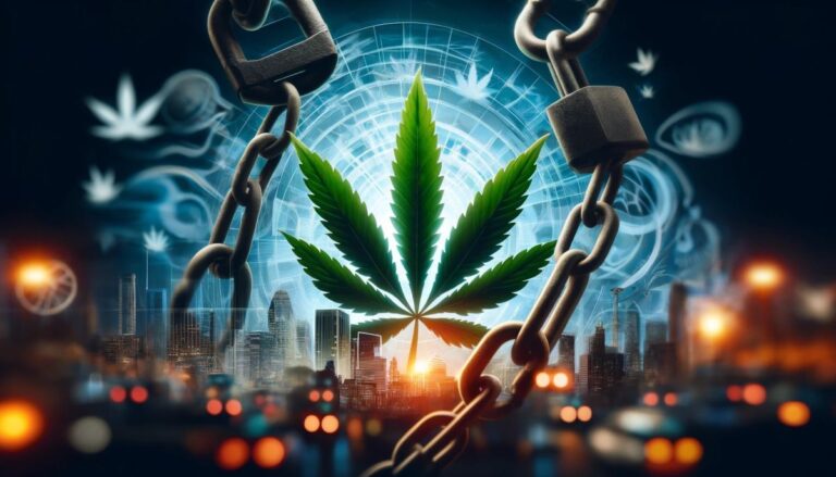 Abstrakcyjny obraz przedstawiający zerwane łańcuchy wokół liścia marihuany na tle rozmytych konturów miasta, symbolizujący, że kryminalizacja nie ogranicza spożycia marihuany.