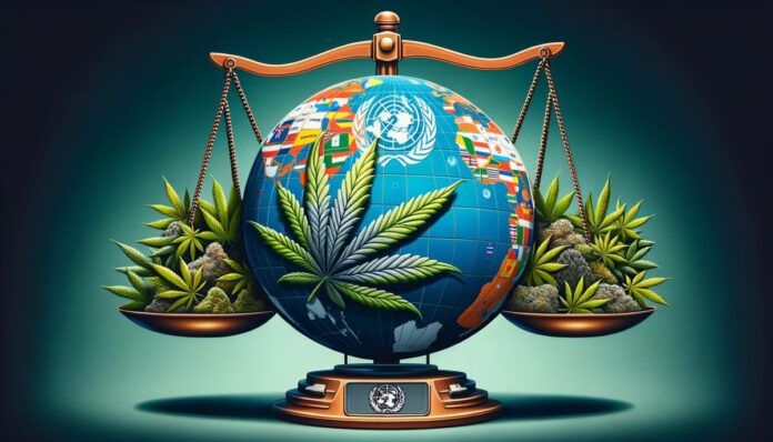 Glob symbolizujący debatę na temat legalizacji marihuany na świecie, z połową pokrytą zielonymi liśćmi wskazującymi kraje, w których jest ona legalna, oraz logo ONZ podkreślające międzynarodowy wymiar dyskusji.
