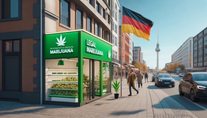Widok ulicy w Niemczech z legalnym sklepem z marihuaną, symbolizujący nową erę w polityce narkotykowej kraju