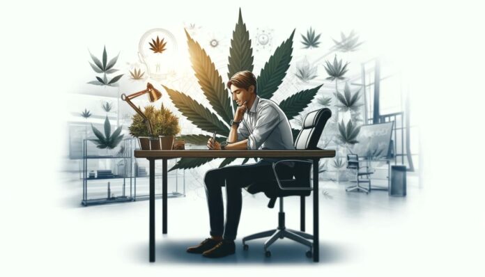 Ilustracja cyfrowa przedstawiająca skupioną osobę w nowoczesnym środowisku pracy z wyraźnie widocznymi symbolami liści marihuany, symbolizująca motywację i jasność umysłu.