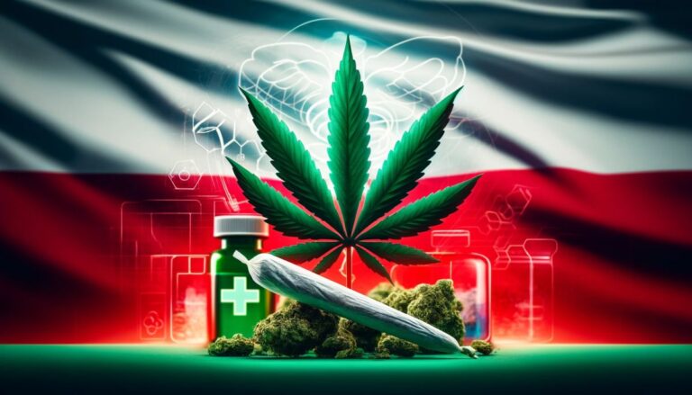 Grafika przedstawiająca jointa z medyczną marihuaną na tle flagi Polski i symboli aptecznych, symbolizująca wejście izraelskiego producenta na polski rynek farmaceutyczny