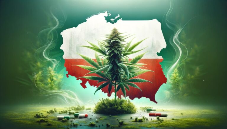 Ilustracja symbolizująca wzrost sprzedaży medycznej marihuany w Polsce, z rośliną konopi na pierwszym planie i mapą Polski w kolorach biało-czerwonych w tle