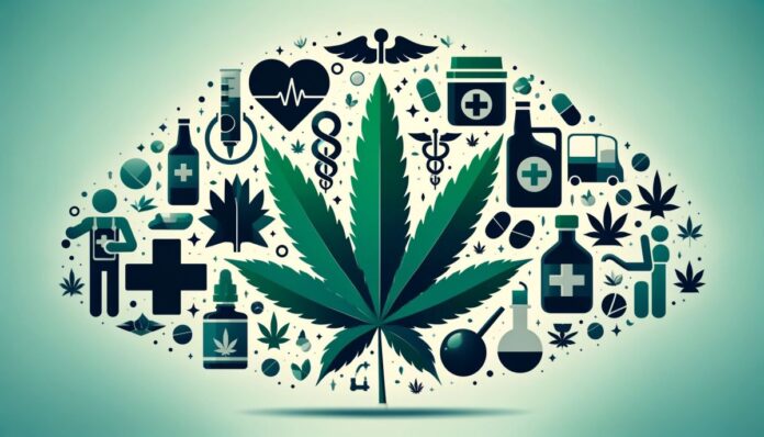 Grafika przedstawiająca liść marihuany, symbol medycyny i sylwetki symbolizujące opioidy, alkohol i tytoń, podkreślająca rolę medycznej marihuany w redukcji używania tych substancji.