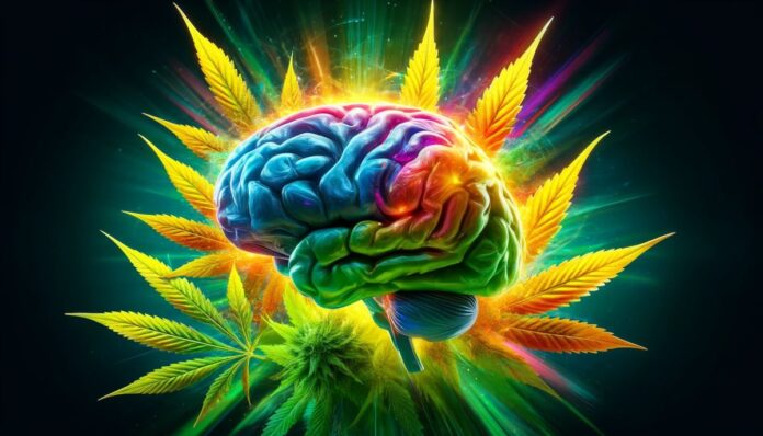 Mózg z teksturą liści marihuany na tle energetycznych, nasyconych kolorów, symbolizujący neuroprotekcyjne właściwości marihuany