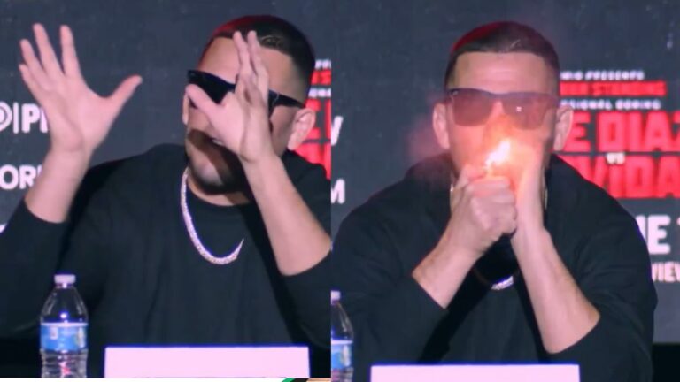 Zawodnik MMA - Nate Diaz odpalający jointa na konferencji prasowej, którego otrzymał od fana