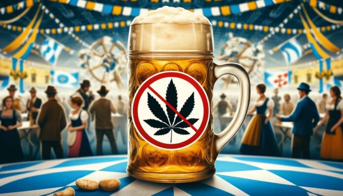 Kufel piwa z Oktoberfest i przekreślony liść marihuany, symbolizujący zakaz używania marihuany na festiwalu