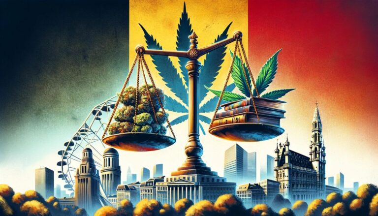 Symboliczna waga sprawiedliwości z książkami z 1921 roku i nowoczesnymi liśćmi konopi na tle flagi Belgii i panoramy Brukseli, ilustrująca debatę o reformie polityki narkotykowej w Belgii