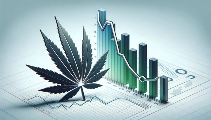 Stylizowany liść marihuany obok wykresu pokazującego spadek spożycia marihuany po legalizacji, ilustracja w minimalistycznym stylu z paletą kolorów zielonych, niebieskich i szarych