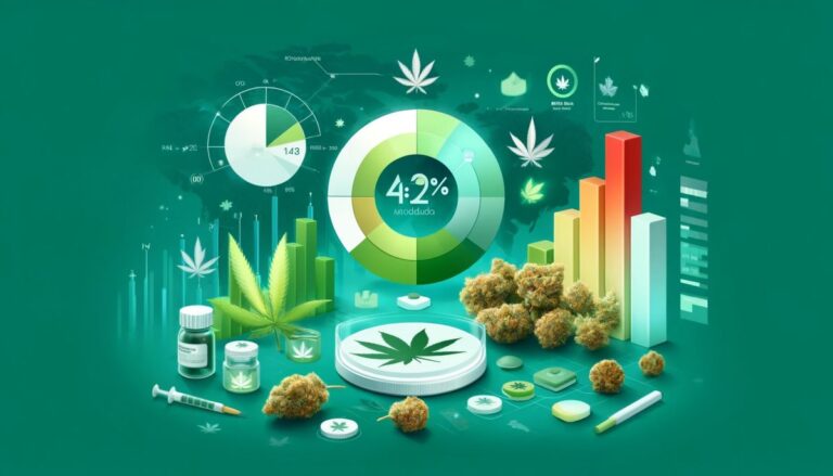 Grafika przedstawiająca statystyki konsumpcji marihuany w Kanadzie, w tym wykresy przedziałów wiekowych użytkowników, wzrost sprzedaży i różne formy marihuany na subtelnym tle mapy Kanady, w kolorach zielonym i białym, symbolizujących świeżość i legalność