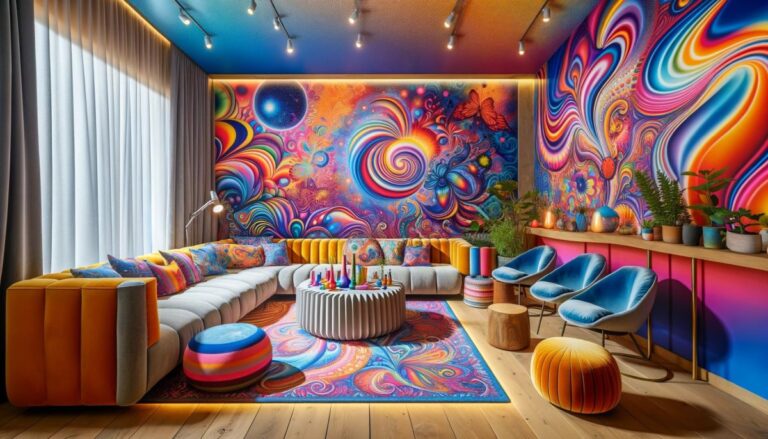 Kolorowy i psychodeliczny salon terapii w Kalifornii, z abstrakcyjnym murałem na ścianie, wygodnymi siedzeniami i roślinami, tworzący mistyczną i zachęcającą atmosferę do sesji terapeutycznych.
